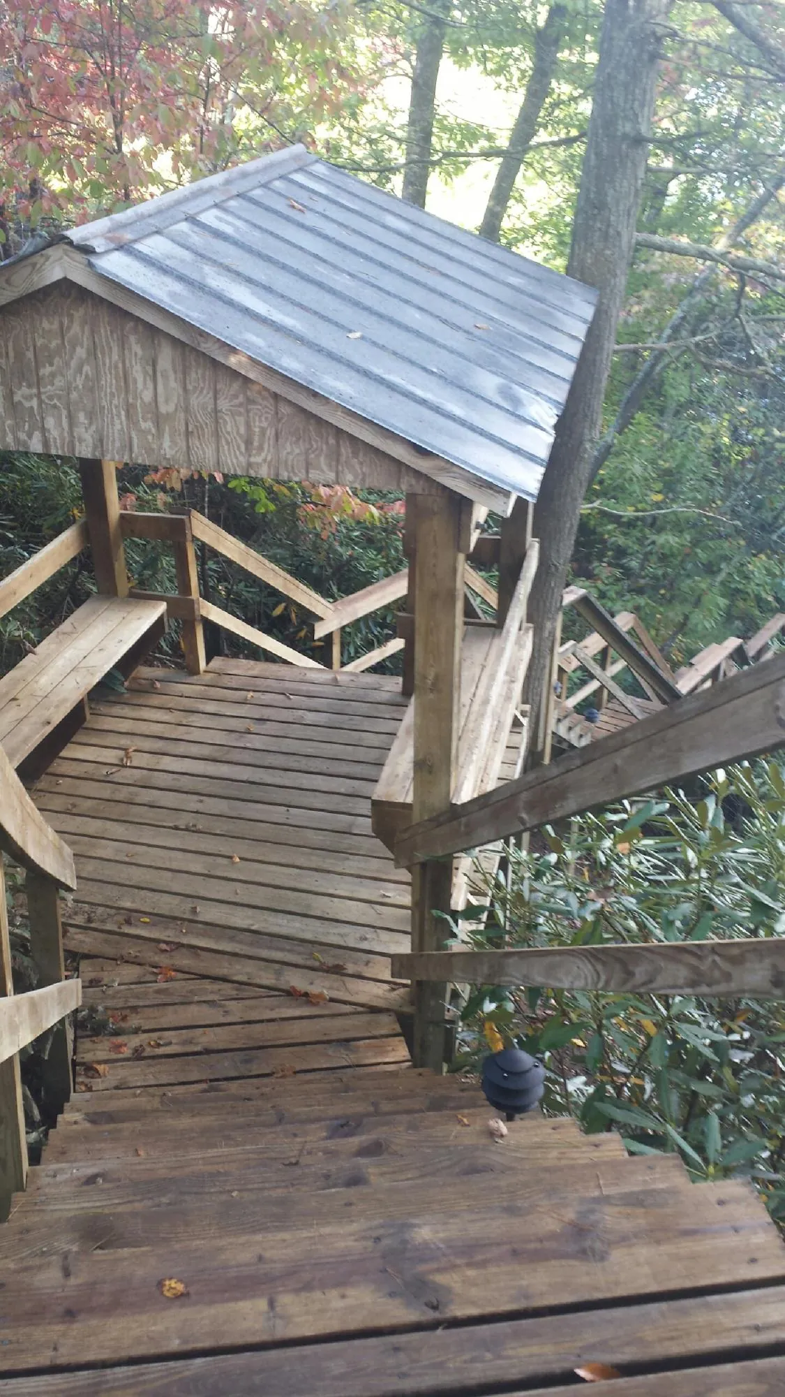 Metal roofed shelter over wooden steps on a wooded walkway — Skylight Repair & Installation work by our crew in Voorheesville